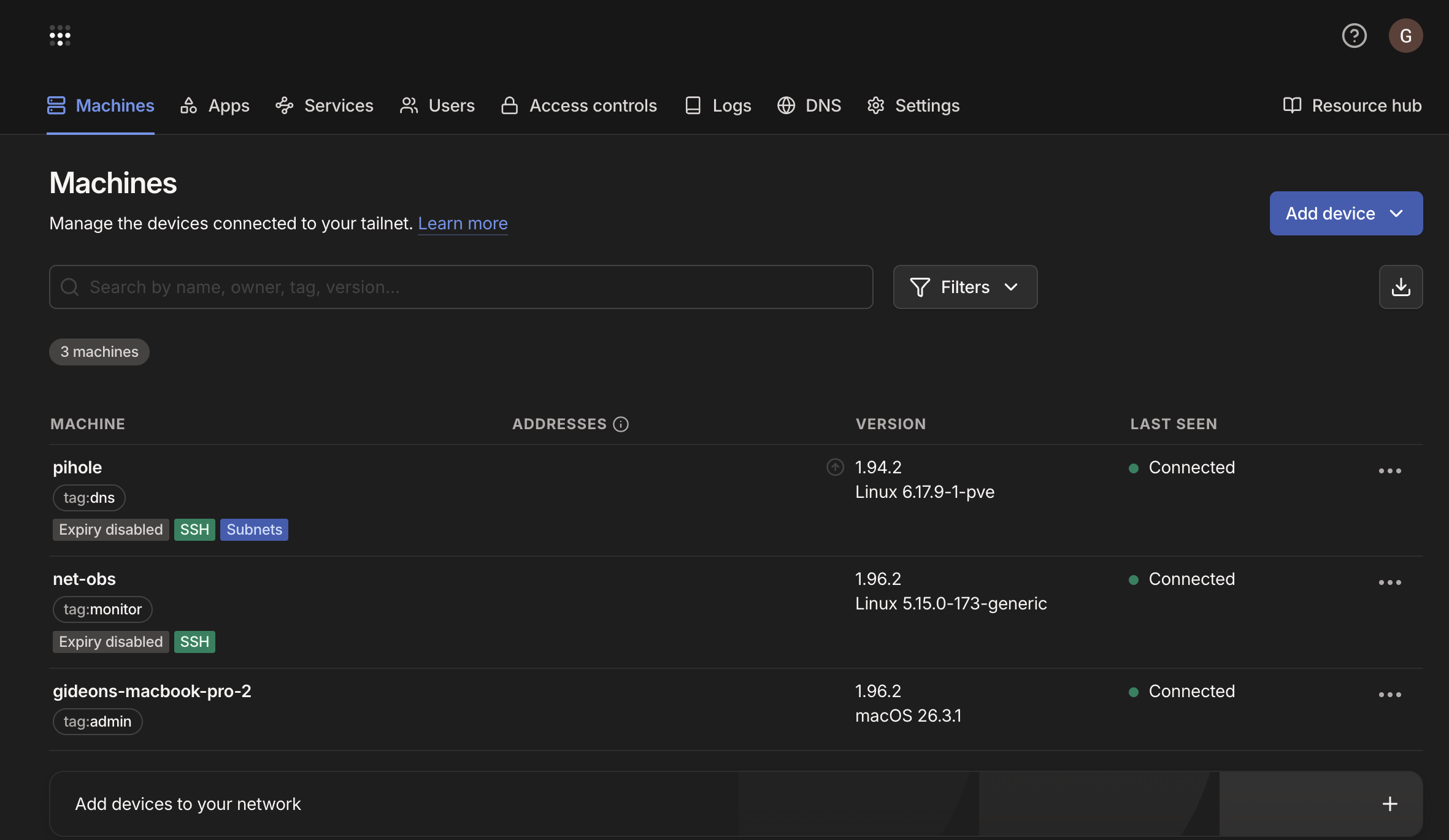 Tailscale node overview across the tailnet